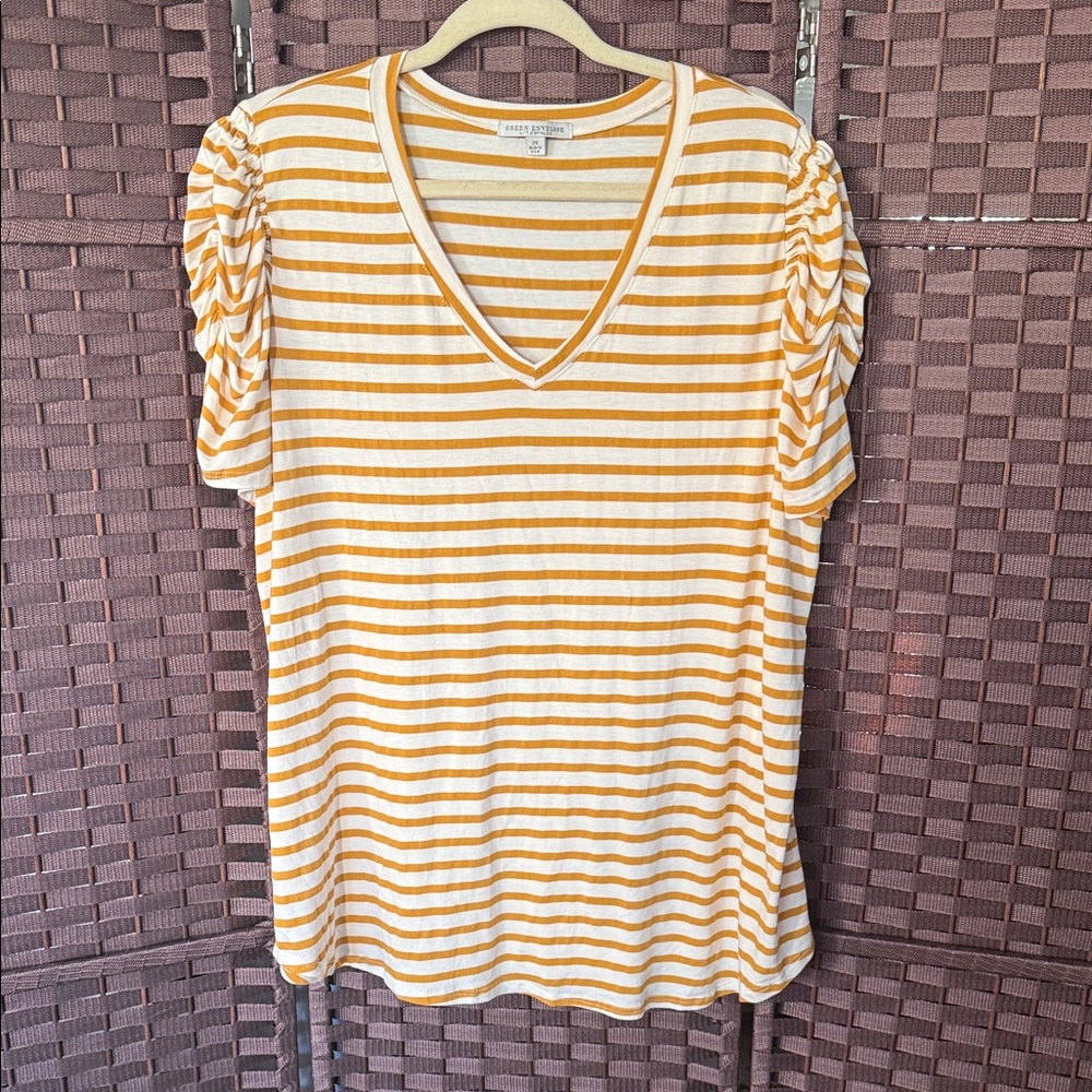 Green Envelope Yellow Striped V-Neck Tee